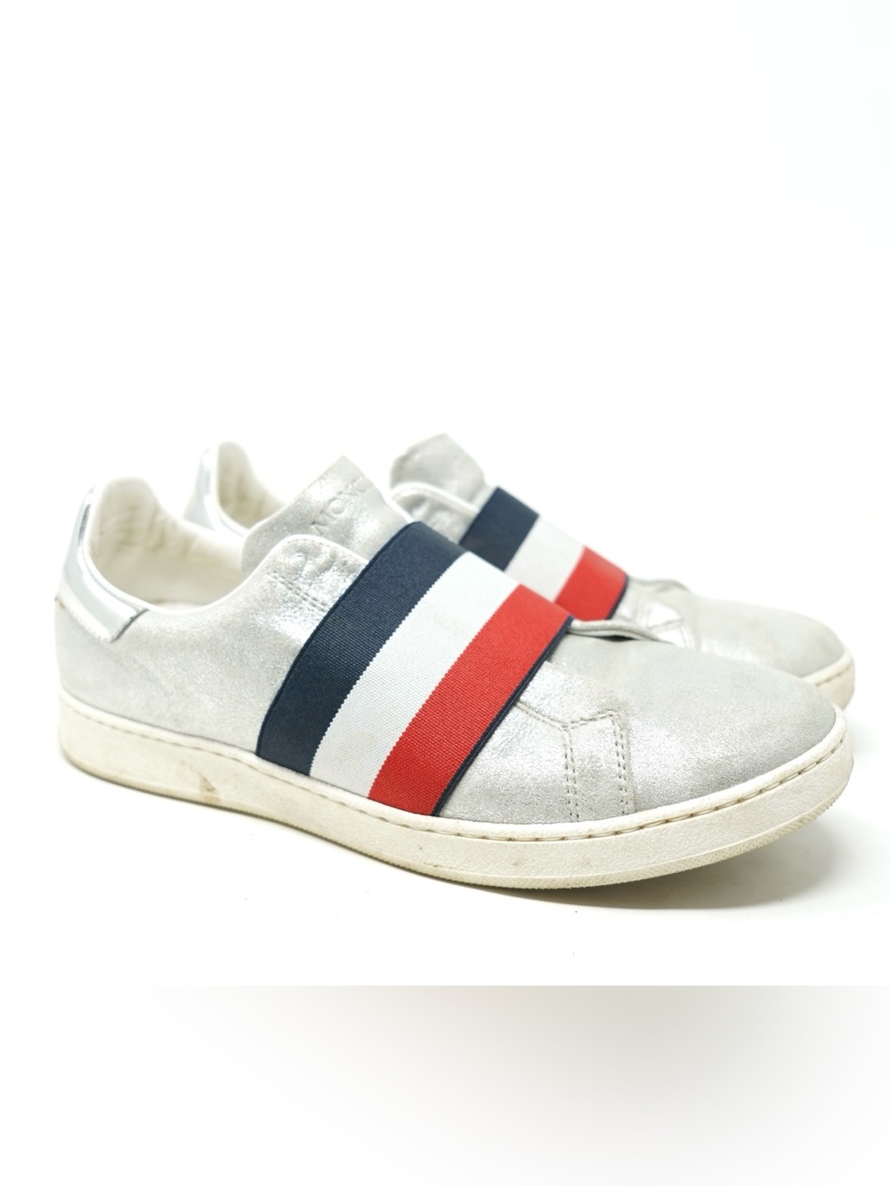 Moncler Alizee Sneakers Womens Sz 8 Silver Leather Low Top Slip On Italy